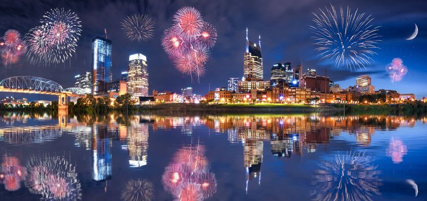 Downtown Nashville July 4th fireworks show lighting up the city skyline
